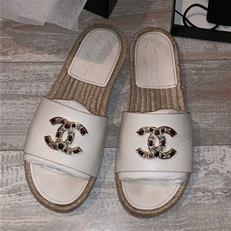 chanel white espadrille slides|authentic Chanel espadrilles for sale.